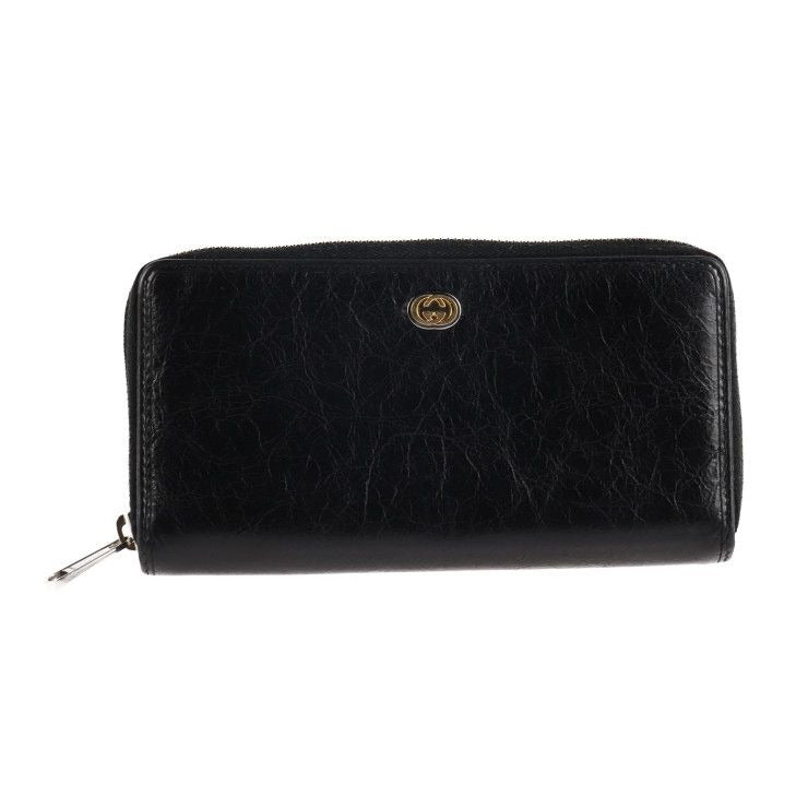 Gucci Long Wallet Leather Black Gold Hardware Silver Interlockin