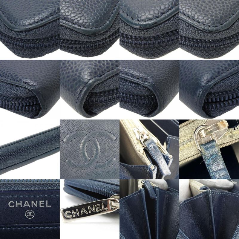 Chanel Long Wallet Coco Mark Caviar Skin Blue - Round Zipper Zippy 17 Ladies