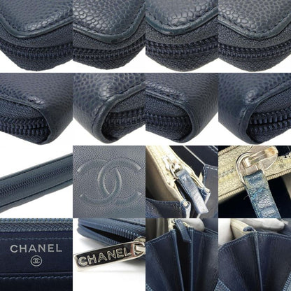Chanel Long Wallet Coco Mark Caviar Skin Blue - Round Zipper Zippy 17 Ladies