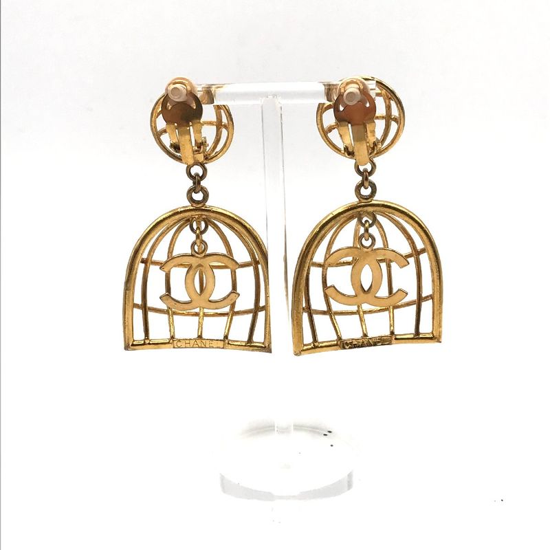 Chanel CC Logo Birdcage Vintage Swing Earrings 2 9 Gold