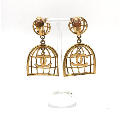 Chanel CC Logo Birdcage Vintage Swing Earrings 2 9 Gold