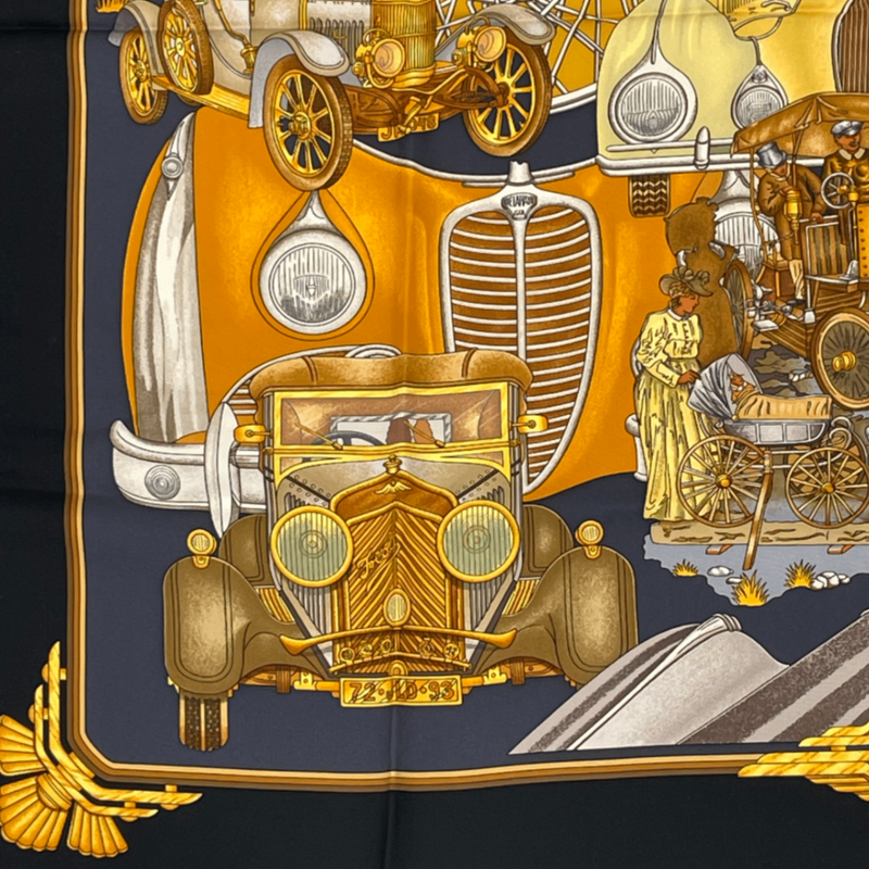 Hermes Carre 90 Automobile Black And Gold Scarf Silk