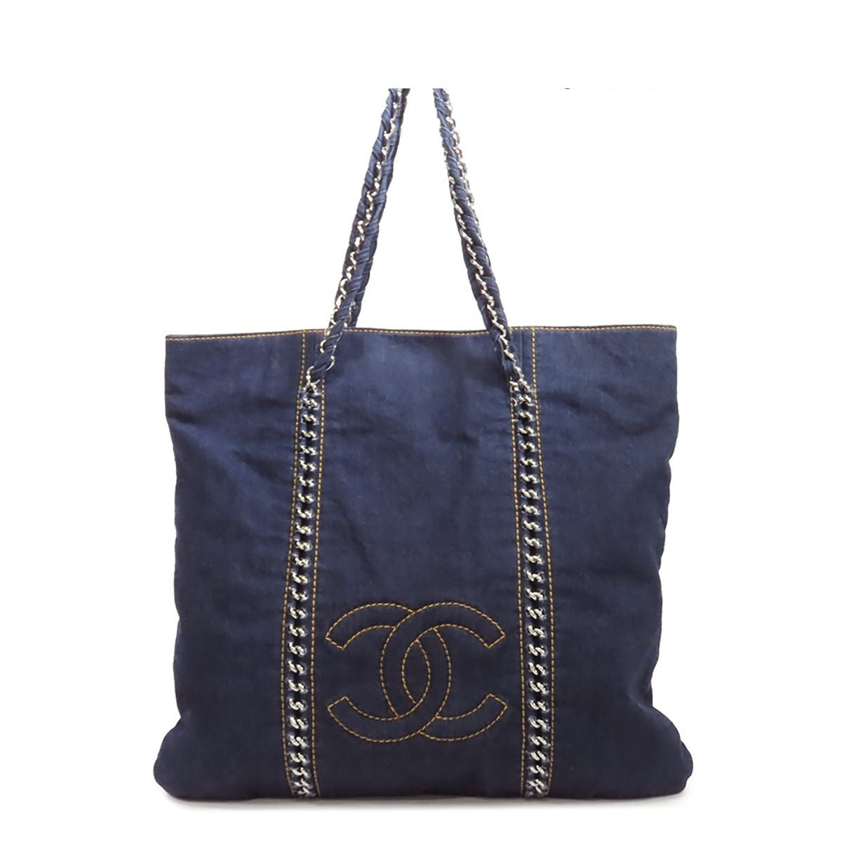 Chanel Chain Tote Bag Blue Silver Denim Line Jumbo CC Logo