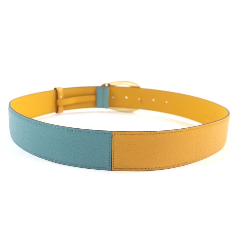  Gucci Memorable Buckle 709954 G Logo Buckle Bicolor Leather Belt Yellow Blue