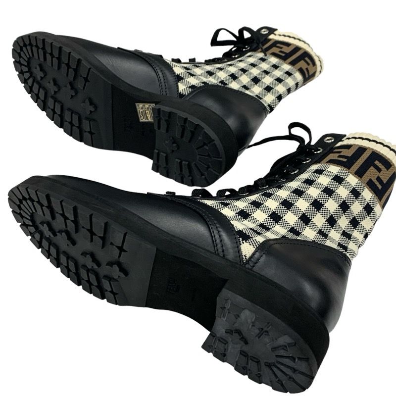 Fendi Rococo Boots Short Boots Shoes Leather Fabric Black Ivory Brown Zucca