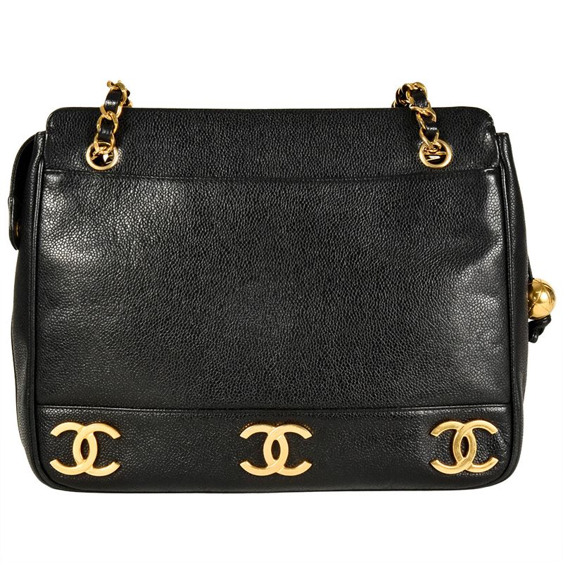 Chanel Triple Coco Chain Shoulder Bag Caviar Skin Black Gold Hardware 7 Digit 4