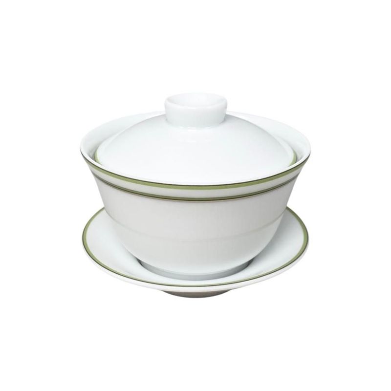 Hermes Teacup Rhythm Asian Teacup and Saucer with Lid H Logo Green White Hermes