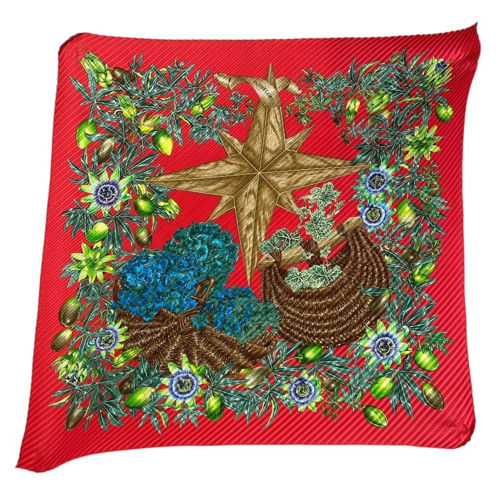 Hermes Scarf Passiflores Passion Flower Pleats Carre 90 Silk Red Multicolor