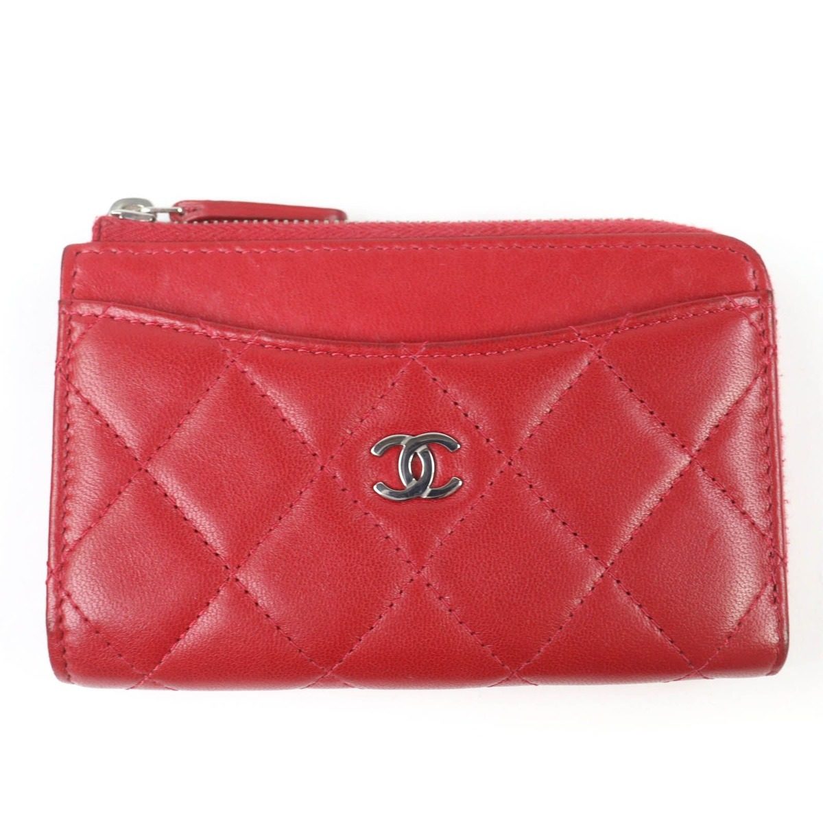 Chanel CC Logo Quilted Lambskin Fragment Case Coin Red Silver Handbag