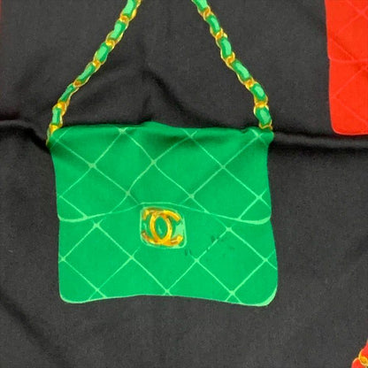 Chanel CC Logo Quilted Vintage Bag Pattern Large Scarf Silk 100% Red Black