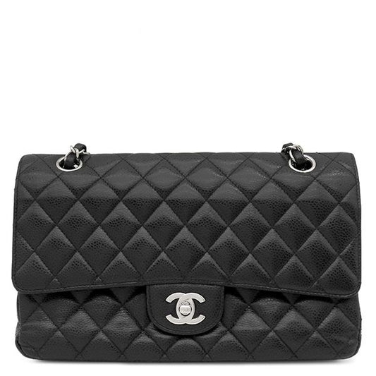 Chanel Shoulder Bag Quilted 25 Chain Caviar Leather Black Gold CC Logo Double