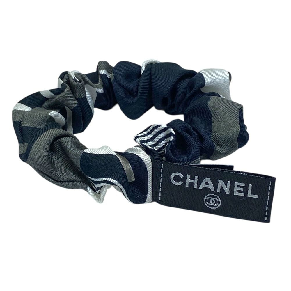 Chanel Scrunchie Hair Tie Geometric Pattern Silk Black White Gray Luxury