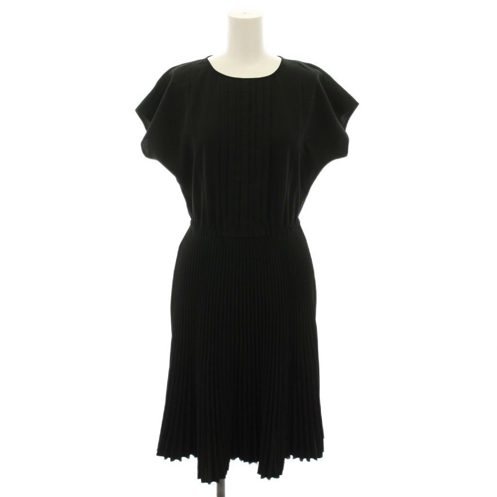 Prada Pleated Dress Knee Length Short Sleeve Waist Togo Mu Black YT