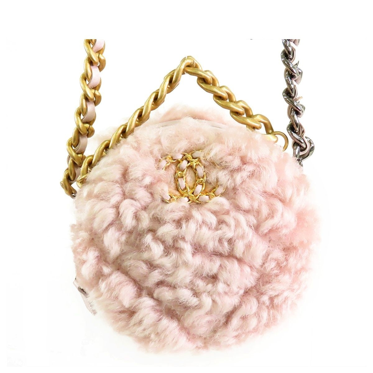 Chanel 19 Fleece Round Pink Gold Silver Fur Leather 2-Way Chain Shoulder Bag