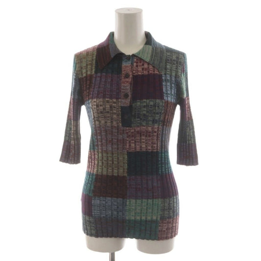 Prada Knit Polo Shirt Silk Blend 38 Multicolor Patchwork Pattern Rib 3/4