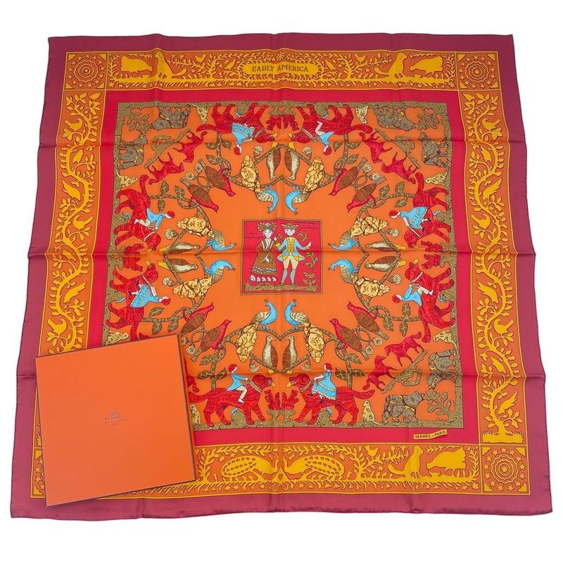 Hermes Carre 90 Scarf Silk Early America Good Vintage Animal Pattern Red