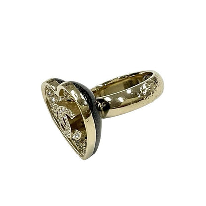 Chanel Ring Gold Black Coco Mark Heart Rhinestone