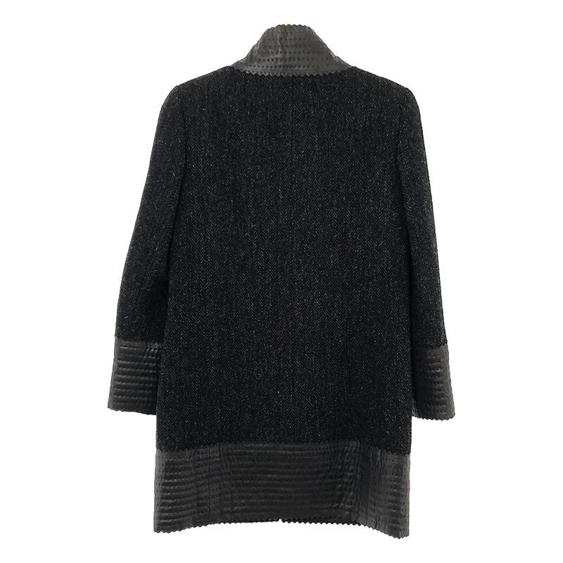 Chanel - Wool Herringbone Tweed Lamb Skin Trimmed Lined Silk Zip Up Coat - 36 -