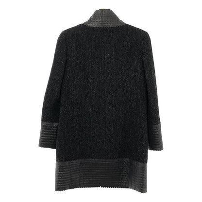 Chanel - Wool Herringbone Tweed Lamb Skin Trimmed Lined Silk Zip Up Coat - 36 -
