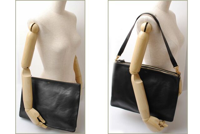 Celine Shoulder Bag Clutch Bag Celine Lambskin Large Trio Black Silver 2way