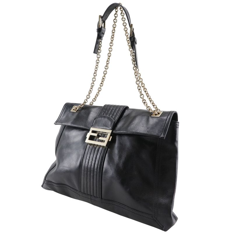 Fendi Chain Tote 2WAY Shoulder Leather Black Women's Tote Bag