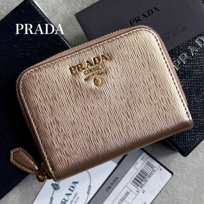 Prada Round Zipper Coin Case Card Case Viteromove Saffiano Pink Gold Box with