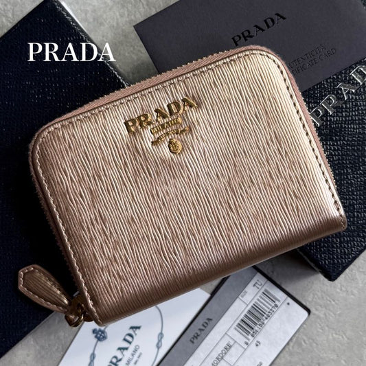 Prada Round Zipper Coin Case Card Case Viteromove Saffiano Pink Gold Box with