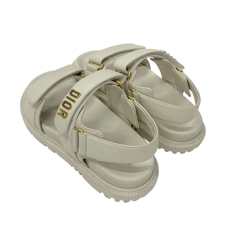 Christian Dioract Sandals Shoes Lambskin Ivory Gold Logo Velcro Strap