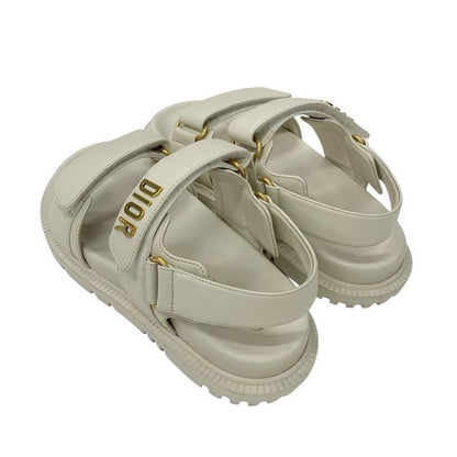 Christian Dioract Sandals Shoes Lambskin Ivory Gold Logo Velcro Strap
