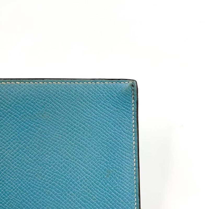 Hermes Bearn Souffle Stamped □L Leather Turquoise Blue And Light Brown Long