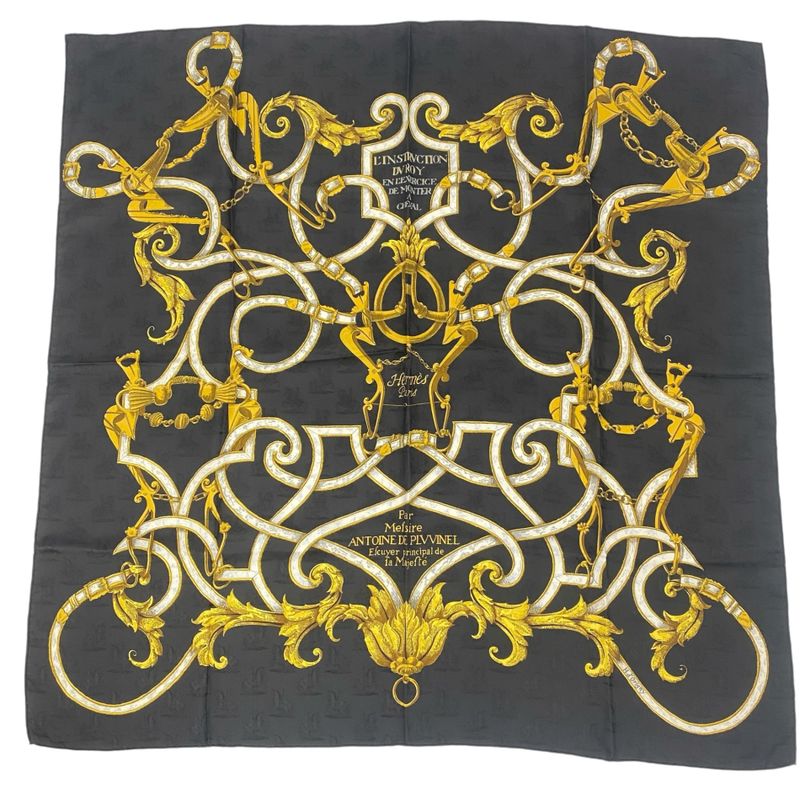 Hermes Carre 90 Scarf Silk L'instrvction DVRO Crested Black And Gold