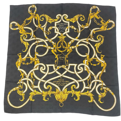 Hermes Carre 90 Scarf Silk L'instrvction DVRO Crested Black And Gold