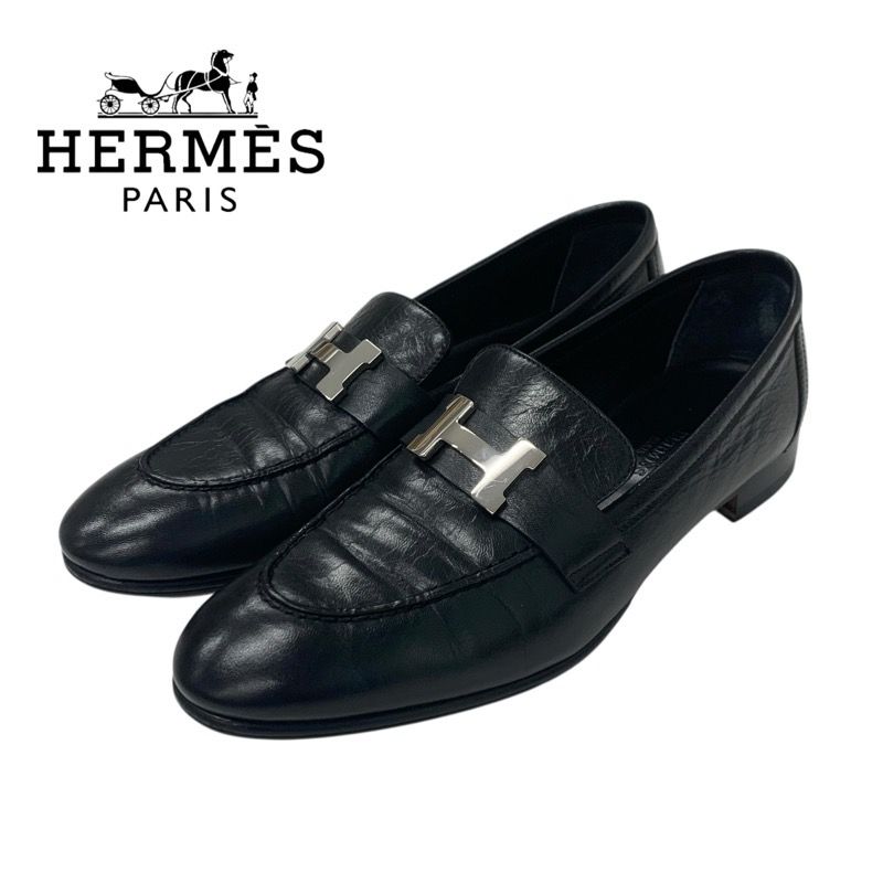 Hermes Paris Loafer Leather Shoes Leather Black Silver Hhardware Moccasin Flat