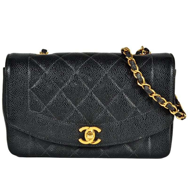 Chanel Diana 22 Single Flap Chain Shoulder Bag Caviar Skin A01164 Black Gold