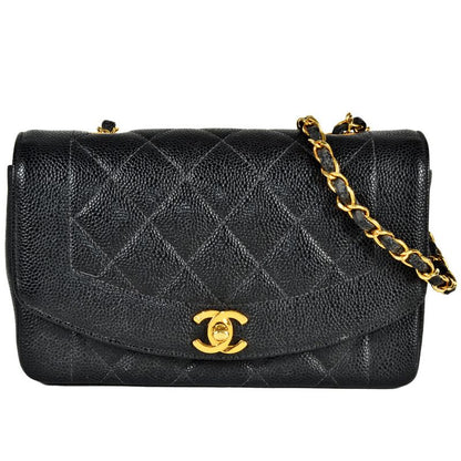 Chanel Diana 22 Single Flap Chain Shoulder Bag Caviar Skin A01164 Black Gold