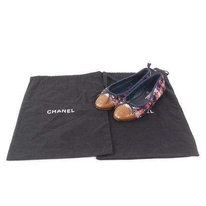 CHANEL Ballerina With Coco Mark Ribbon Leather Use Tweed Flat Pumps Multi 35.5
