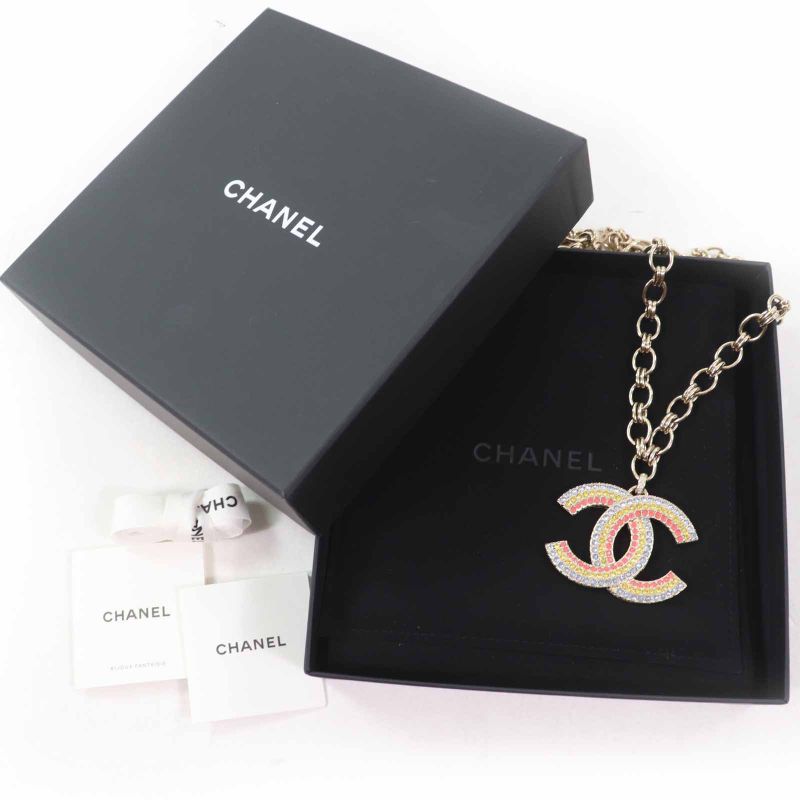 CHANEL A23C Large Rainbow Rhinestone Coco Mark Chain Necklace Multi Gold With