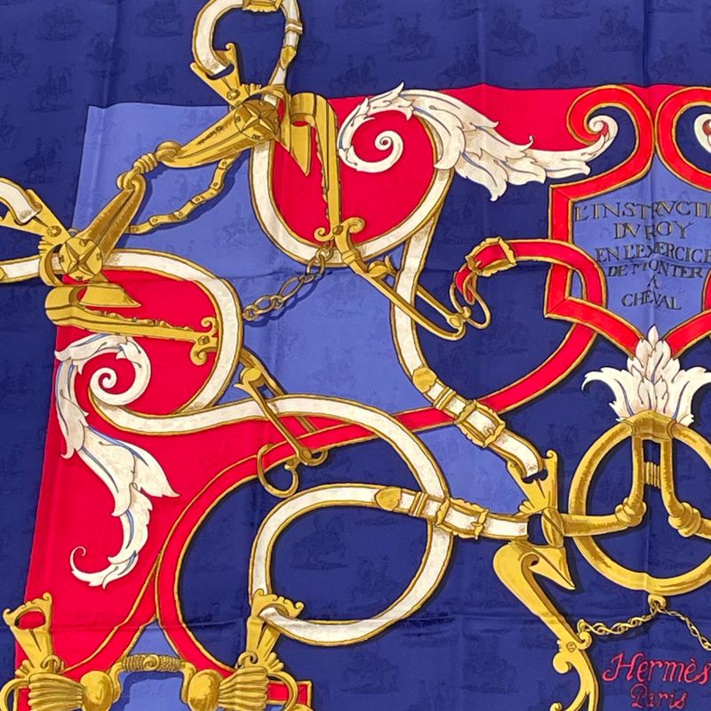 Hermes Carre 90 L'instruction DU ROY Imperial Blue And Red Silk Scarf