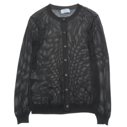 Prada Mesh Cardigan Knit Long Sleeves Crew Neck Woven Cut 38 Black Women Used
