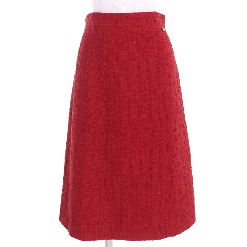 CHANEL P44003/p44008 Coco Button Cotton Tweed Jacket Skirt Setup Red 36 Made In