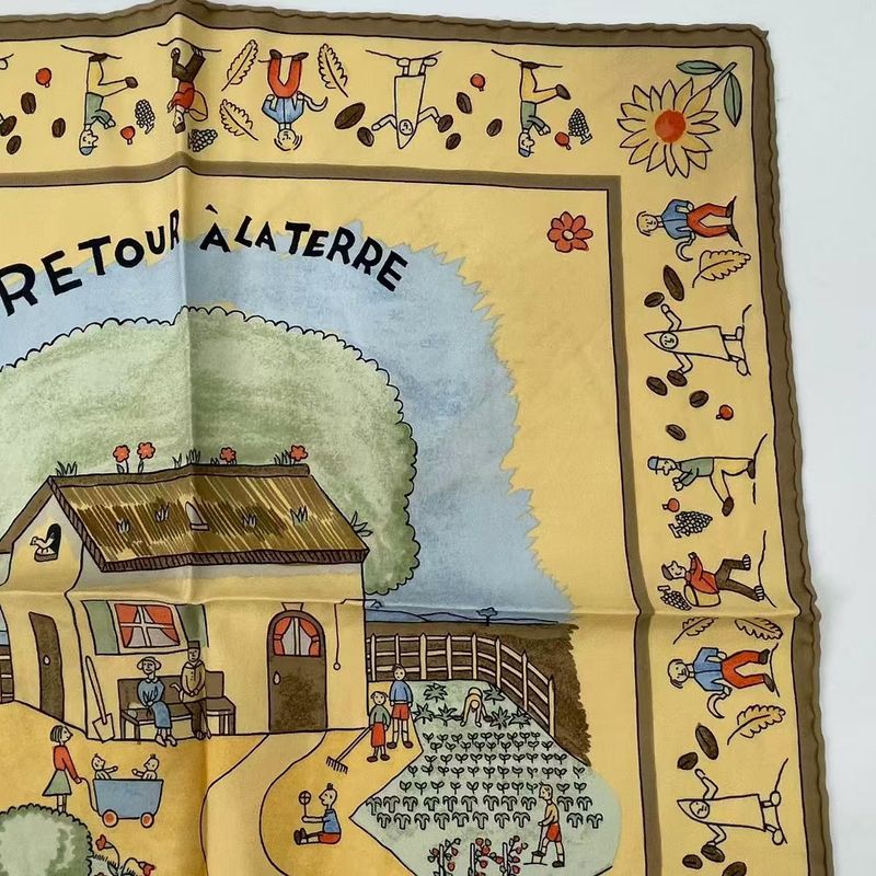 Hermes RE TOUR A LA Terre Homeward Silk Scarf Yellow