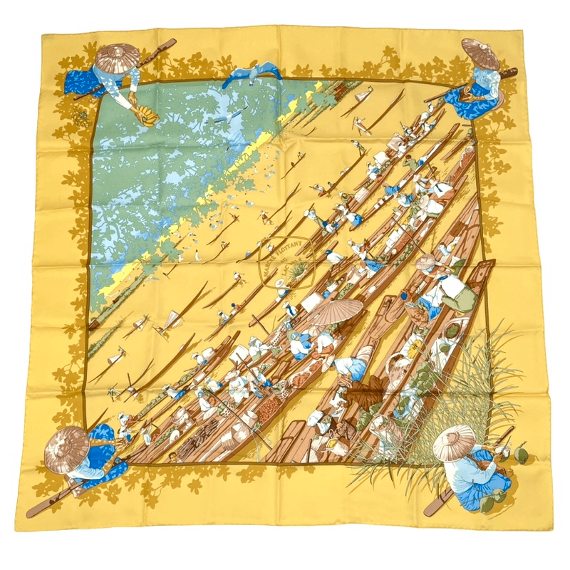Hermes Scarf Carre 90 Orange Beige Lake Floating Market 100% Silk Marche