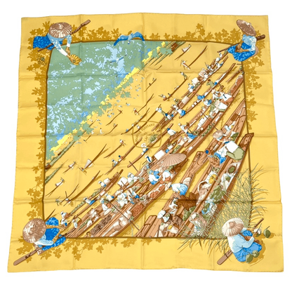Hermes Scarf Carre 90 Orange Beige Lake Floating Market 100% Silk Marche