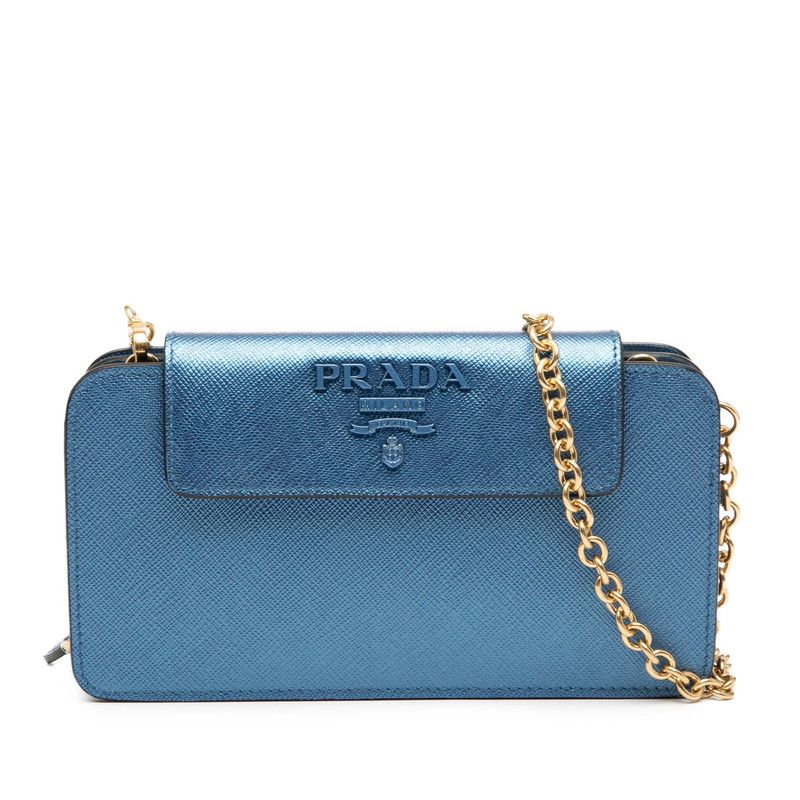 Prada Logo Chain Wallet Shoulder Bag 1dh048 Blue Saffiano Leather Women Prada