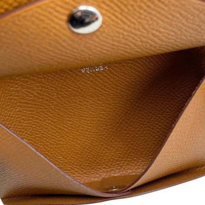 Hermes Card Case Coin Case Calvi Duo Engraved B Gold Brown Silver Hardware