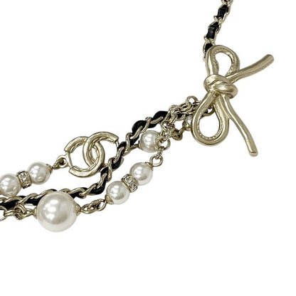 Chanel Necklace Pendant Choker Gold Coco Mark Ribbon Rhinestone