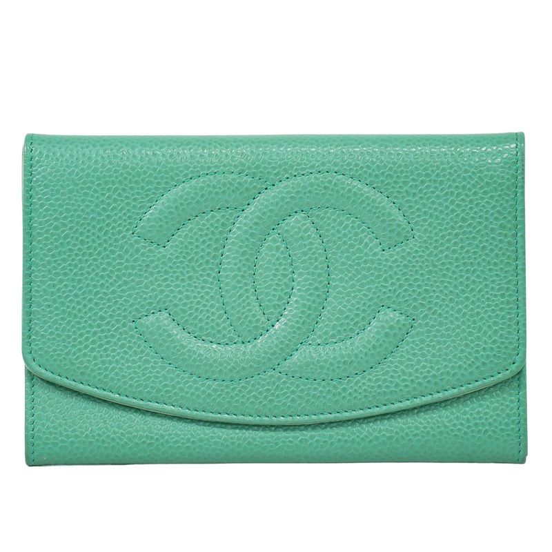 Authentic Chanel Coco Mark Fold Wallet Compact Wallet Caviar Skin Leather Light