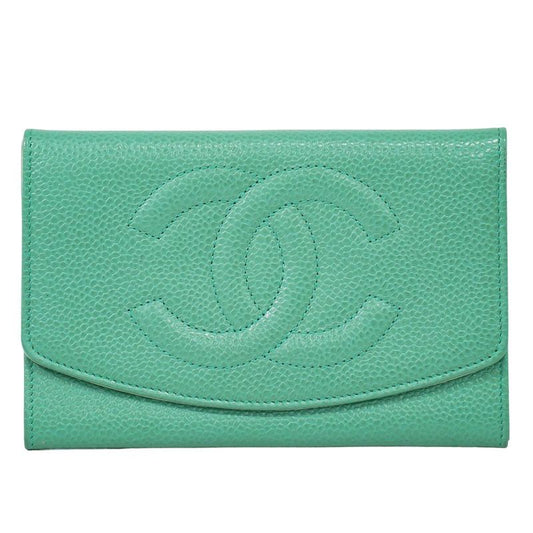 Authentic Chanel Coco Mark Fold Wallet Compact Wallet Caviar Skin Leather Light