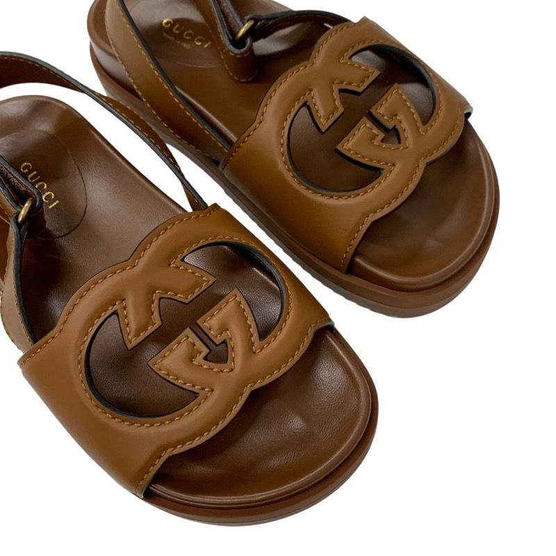 Gucci Sandals Shoes Leather Brown Unused Interlocking G Velcro
