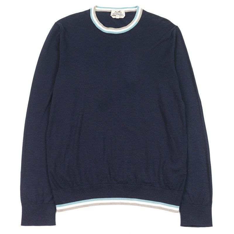 Hermes 2022 100% Cotton Crewneck Tipline Sweater Knit Navy S Made In Italy